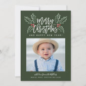 Chalky Brush Script Kerstmis Hollies Foto Green Feestdagenkaart (Voorkant)