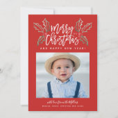 Chalky Brush Script Kerstmis Hollies Foto Red Feestdagenkaart (Voorkant)