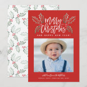 Chalky Brush Script Kerstmis Hollies Foto Red Feestdagenkaart (Voorkant / Achterkant)