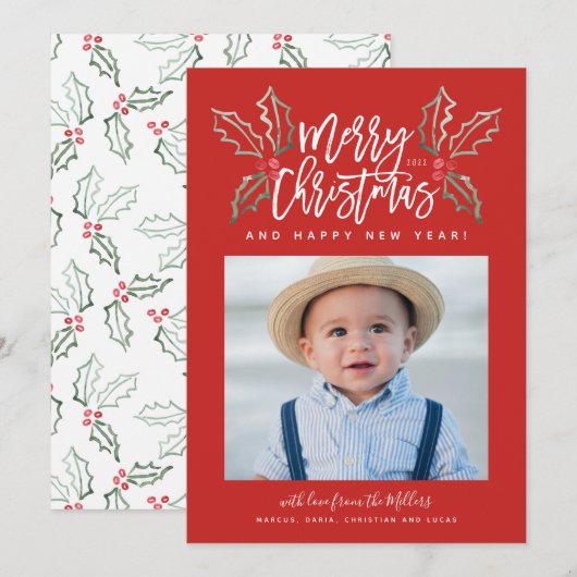 Chalky Brush Script Kerstmis Hollies Foto Red Feestdagenkaart (Voorkant / Achterkant)