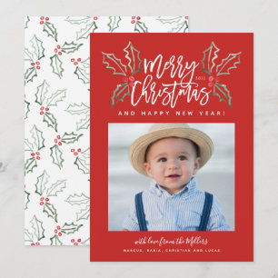 Chalky Brush Script Kerstmis Hollies Foto Red Feestdagenkaart