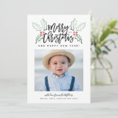 Chalky Brush Script Kerstmis Hollies Photo Feestdagenkaart (Staand voorkant)