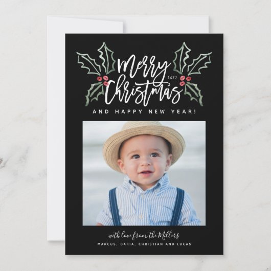 Chalky Brush Script Kerstmis Hollies Photo Feestdagenkaart (Voorkant)