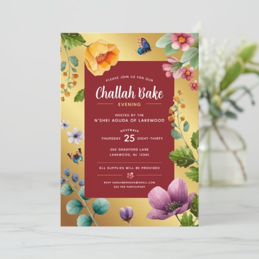 Challah Bake Event Elegante Bloemen Uitnodiging (Staand voorkant)