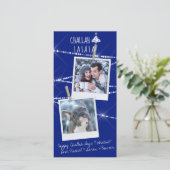 Challah Days Hanukkah 2-Foto Kerstkaart | Blauw (Staand voorkant)