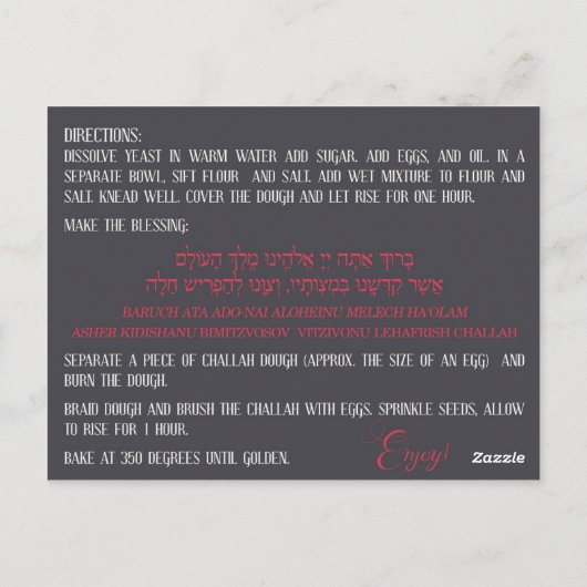 Challah Recipe Briefkaarten (Achterkant)