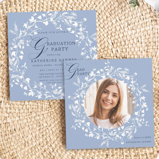 Chambray Blue White Wildflower Wreath Afstuderen Kaart