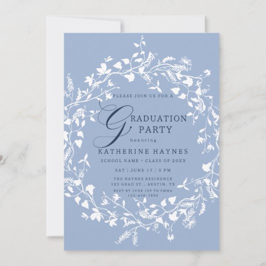 Chambray Blue White Wildflower Wreath Afstuderen Kaart (Achterkant)