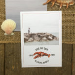 Chambray Lobster Rustic Wedding Photo Save The Date<br><div class="desc">Een rustige nautische bruiloft,  sla de datum op met een afbeelding van een rode kreeft met een aangepaste foto aan de voorkant. Achterzijde is een door waterverf geïnspireerd ontwerp met een chambray kleur.</div>