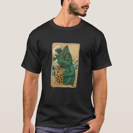 Chameleon Drinks Bubble Tea Japanse Vintage T-shirt (Voorkant)
