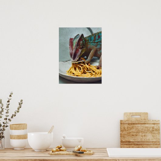 Chameleon Eating Spaghetti Poster (Keuken)