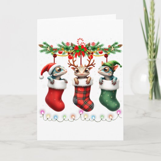 Chameleon In Christmas Socks Lights Chameleon Xmas Kaart (Voorkant)