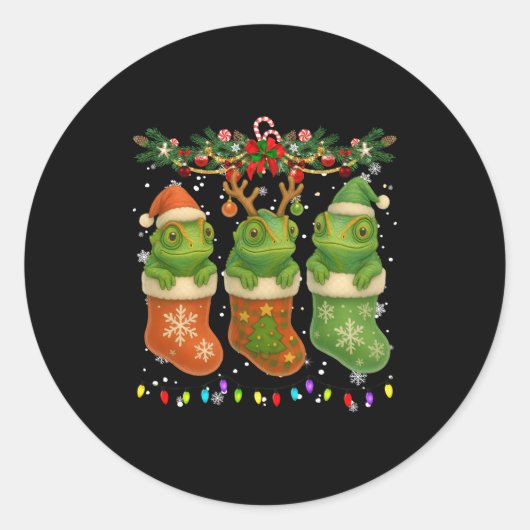 Chameleon In Christmas Socks Lights Chameleon Xmas Ronde Sticker (Voorkant)