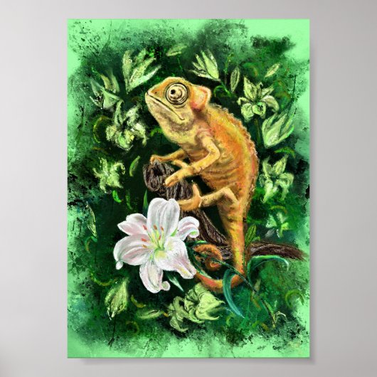 Chameleon in Leaves Green Poster - Schilderen (Voorkant)