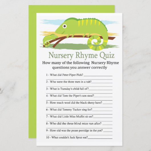 Chameleon Nursery Rhyme Quiz baby shower game (Voorkant / Achterkant)