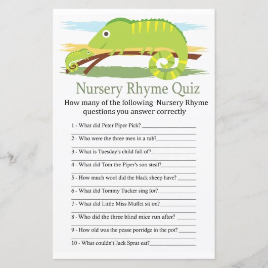 Chameleon Nursery Rhyme Quiz baby shower game (Voorkant)
