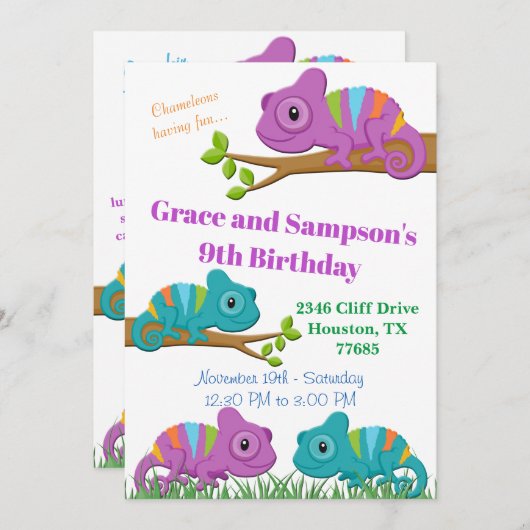 Chameleon verjaardagsuitnodiging kaart (Voorkant / Achterkant)