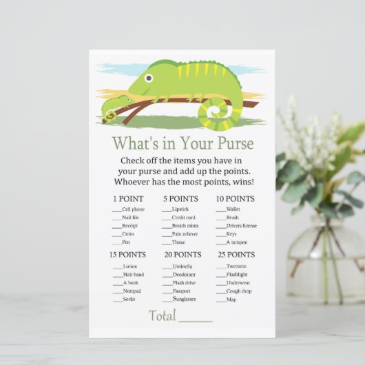 Chameleon Wat zit er in je baby shower met handtas (Staand voorkant)