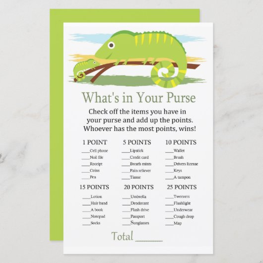 Chameleon Wat zit er in je baby shower met handtas (Voorkant / Achterkant)