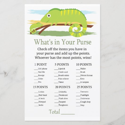 Chameleon Wat zit er in je baby shower met handtas (Voorkant)