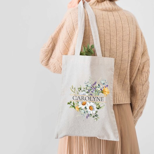 Chamomile Floral Bridesmaid Monogram Tote Bag