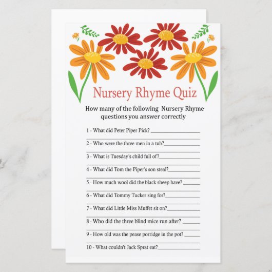 Chamomile Nursery Rhyme Quiz baby shower game (Voorkant / Achterkant)