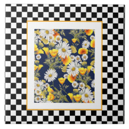 Chamomiles Poppies en Checkerboard Tegeltje