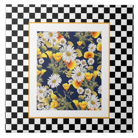 Chamomiles Poppies en Checkerboard Tegeltje (Voorkant)