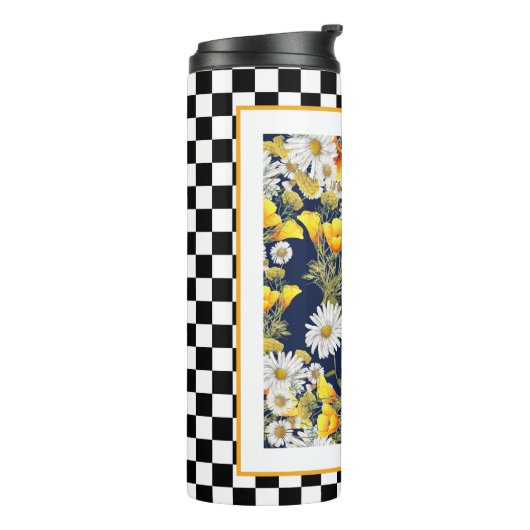 Chamomiles Poppies en Checkerboard Thermosbeker (Gedraaid links)