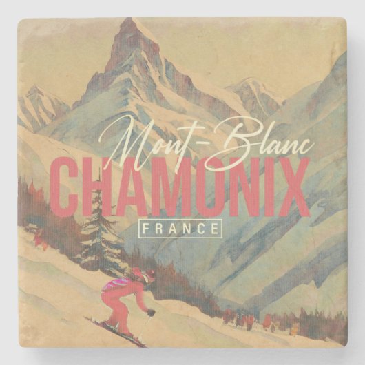 Chamonix Frankrijk  Mont Blanc Skiën jaren 1950 Stenen Onderzetter (Voorkant)