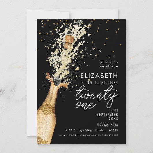 Champagne 21e verjaardag Black Gold uitnodiging (Voorkant)