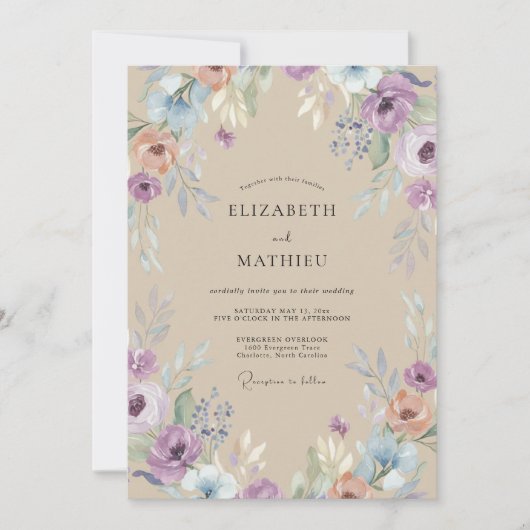 Champagne Amethyst Wilde Bloemen Bruiloft Kaart (Voorkant)