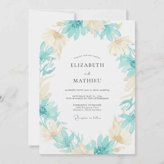 Champagne Aqua Blad Bruiloft Kaart (Voorkant)