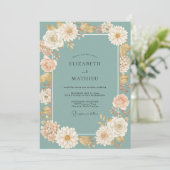 Champagne Aqua Dahlia Bruiloft Kaart (Staand voorkant)