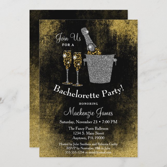 Champagne Bachelorette Party Invitation Black Gold Kaart (Voorkant / Achterkant)