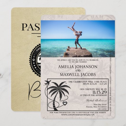 Champagne Bahamas Passport Uitnodiging voor het Hu (Voorkant / Achterkant)