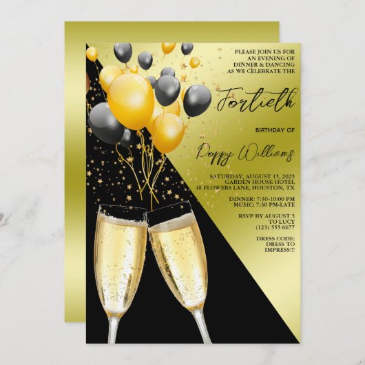 Champagne & ballonnen 40e verjaardag kaart (Voorkant / Achterkant)