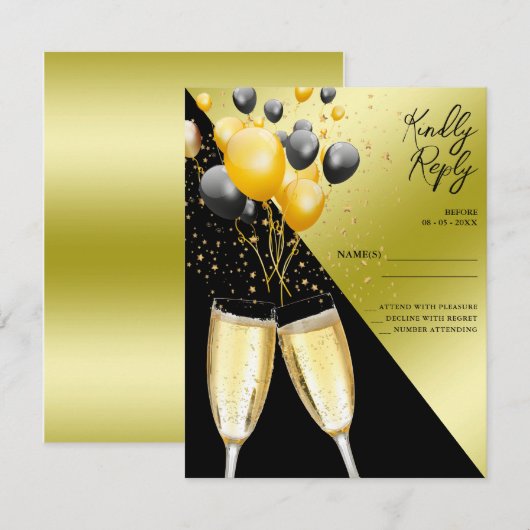 Champagne & ballonnen 40e verjaardag RSVP kaartje (Voorkant / Achterkant)