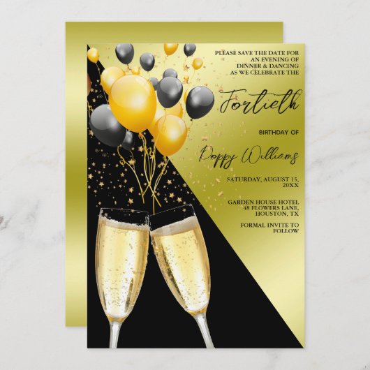 Champagne & ballonnen 40e verjaardag save the date (Voorkant / Achterkant)