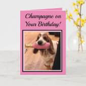 Champagne & Basset Hound op een leuke Kaart (Gele Bloem)