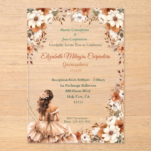 Champagne Beige Boho Quinceañera Acryl Uitnodigingen (Voorkant)