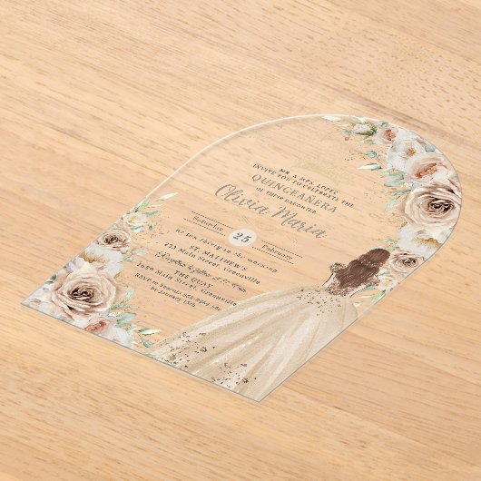 Champagne Beige Crème Bloemen Prinses Quinceañera Acryl Uitnodigingen (Laagn)