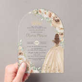 Champagne Beige Crème Bloemen Prinses Quinceañera Acryl Uitnodigingen (Insitu (Draagbaar))