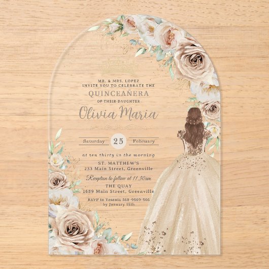 Champagne Beige Crème Bloemen Prinses Quinceañera Acryl Uitnodigingen (Voorkant)