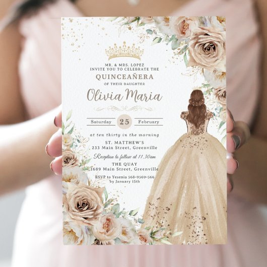 Champagne Beige Crème Bloemen Prinses Quinceañera Kaart