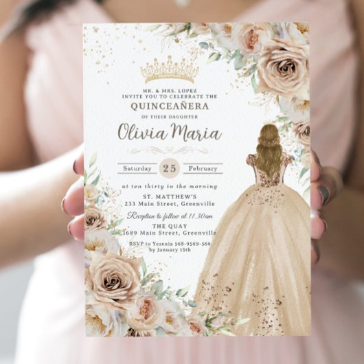 Champagne Beige Crème Bloemen Prinses Quinceanera Kaart