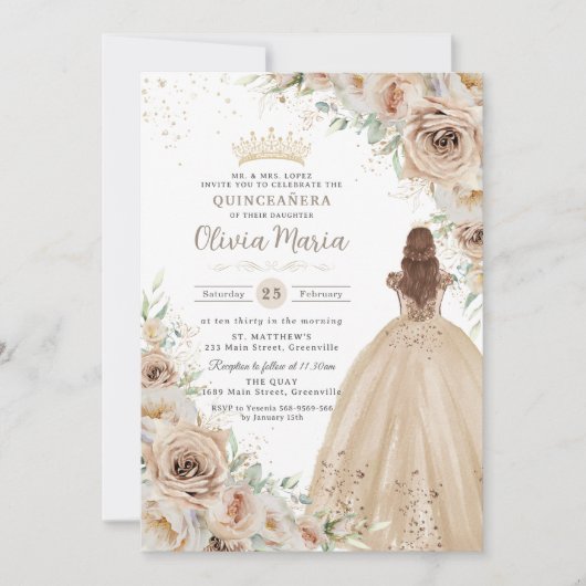 Champagne Beige Crème Bloemen Prinses Quinceañera Kaart (Voorkant)
