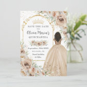 Champagne Beige Crème Bloemen Prinses Quinceañera Save The Date (Staand voorkant)