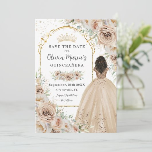 Champagne Beige Crème Bloemen Prinses Quinceañera Save The Date (Staand voorkant)