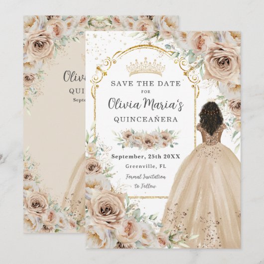 Champagne Beige Crème Bloemen Prinses Quinceañera Save The Date (Voorkant / Achterkant)